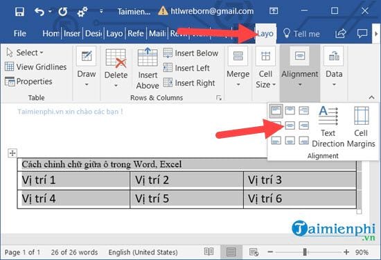 cach chinh chu giua o trong word excel 4