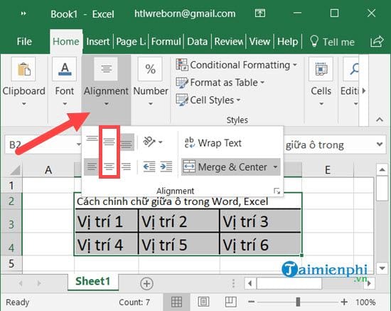cach chinh chu giua o trong word excel 9