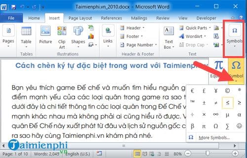 huong dan chen ky tu dac biet vao word 10