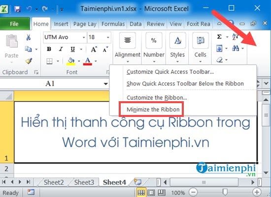 Cách ẩn, hiện thanh công cụ Ribbon trong Word, Excel 20