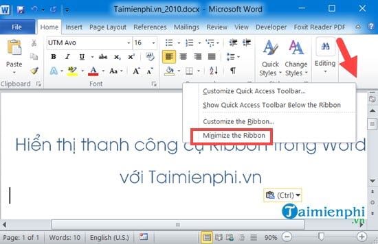 cach an hien thanh cong cu ribbon trong word excel 9