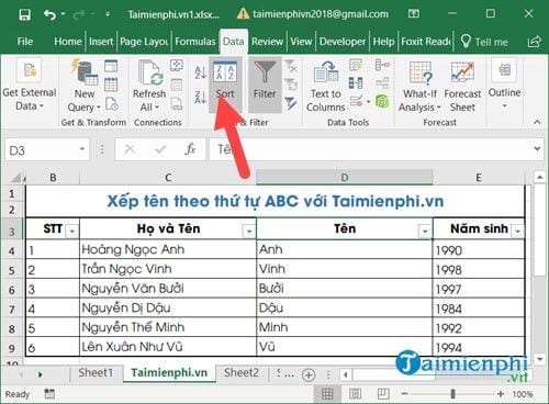 Cách sắp xếp tên theo thứ tự ABC trong Excel