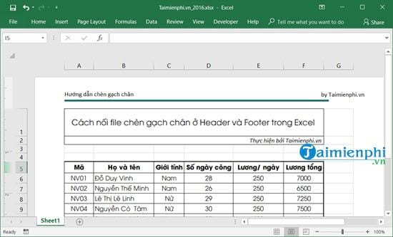 Hướng dẫn chèn gạch chân ở Header và Footer trong Excel