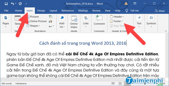 cach danh so trang trong word 2016