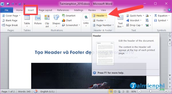 Cách tạo Header và Footer đẹp trong Word 2010