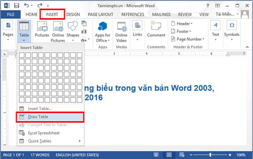 Cách kẻ bảng, chèn bảng biểu trong văn bản Word 2019, 2003, 2007, 2010, 2013, 2016