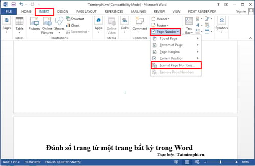 Cách đánh số trang từ một trang bất kỳ trong Word