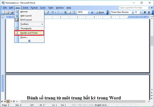 Cách đánh số trang từ một trang bất kỳ trong Word