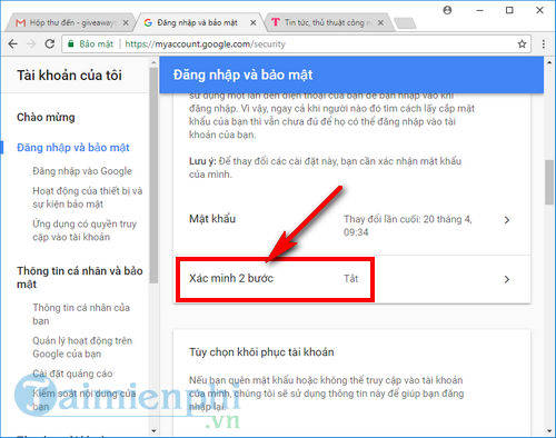 Bảo mật 2 lớp gmail, kích hoạt xác minh 2 bước trong gmail