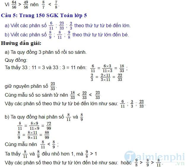 giai bai tap toan 5 trang 149 150 sgk on tap ve phan so tiep theo