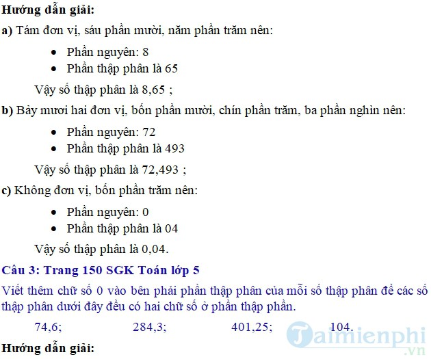 giai bai tap toan 5 trang 150 151 sgk on tap ve so thap phan