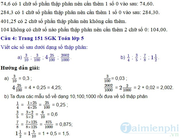 giai bai tap toan 5 trang 150 151 sgk on tap ve so thap phan