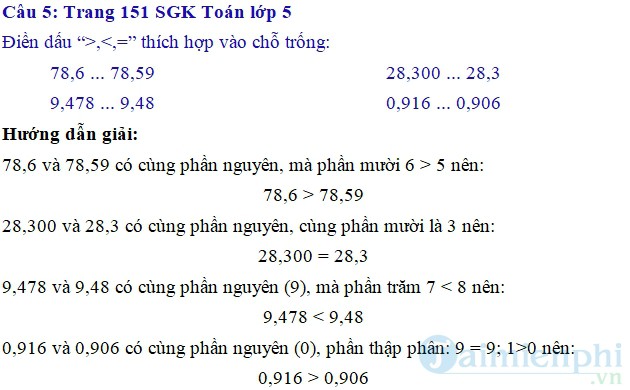 giai bai tap toan 5 trang 150 151 sgk on tap ve so thap phan