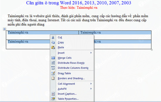 căn chỉnh chữ trong bảng word 2003