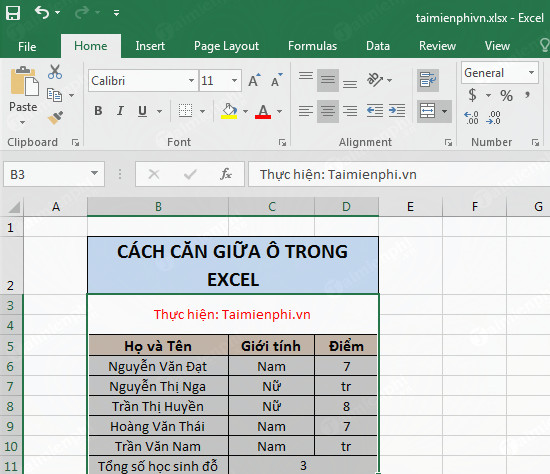 can chinh chinh giua o trong excel